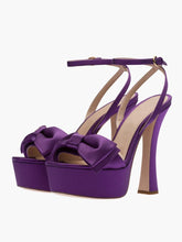 Purple Double Bows Silk Platform Flared Heeled Sandals With Round Toe Ankle Strap